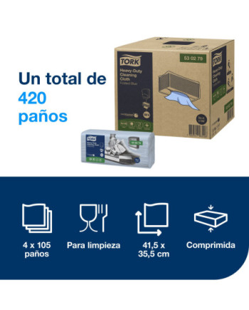 Tork Paño de Limpieza Ultrarresistente Azul W4, Resistente y absorbente, 4 x 105 paños, 530279