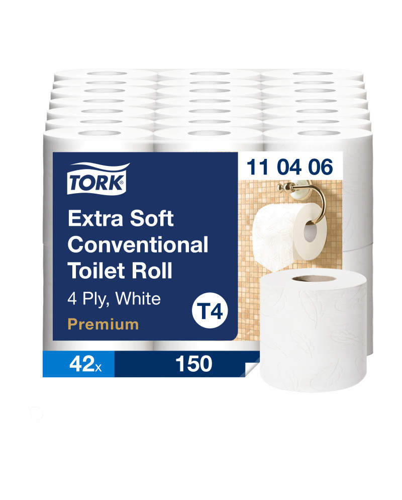 Tork Papel Higiénico Convencional Extrasuave, 4 capas, Blanco T4, Premium, 42 × 150 hojas, 110406