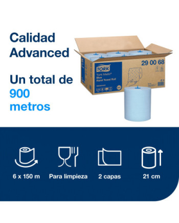 Tork Matic® Toallas de Papel para Manos Azul H1, Advanced, 6 rollos × 150 m, 290068