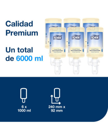 Tork Jabón Líquido Antiolor para Lavado de Manos S4, Suave para la piel, 6 x 1000 ml, 424011