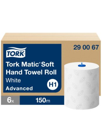Tork Matic® Toallas de Mano de Papel Suaves Blancas con Hojas Grises H1, Advanced, absorbente, 6 rollos × 150 m, 290067