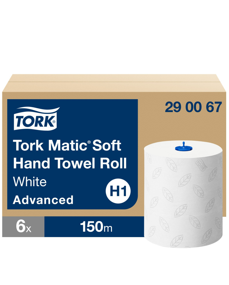 Tork Matic® Toallas de Mano de Papel Suaves Blancas con Hojas Grises H1, Advanced, absorbente, 6 rollos × 150 m, 290067