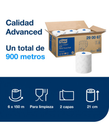 Tork Matic® Toallas de Mano de Papel Suaves Blancas con Hojas Grises H1, Advanced, absorbente, 6 rollos × 150 m, 290067