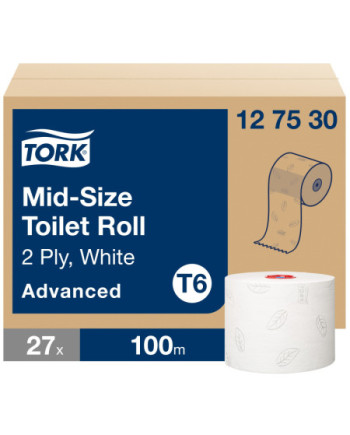 Tork Mid-size Rollo de Papel Higiénico Advanced T6, Blanco, 2 capas, 27 rollos, 127530