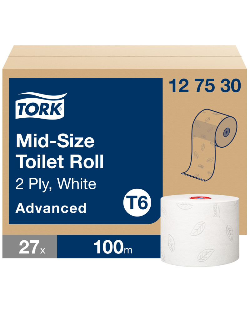 Tork Mid-size Rollo de Papel Higiénico Advanced T6, Blanco, 2 capas, 27 rollos, 127530