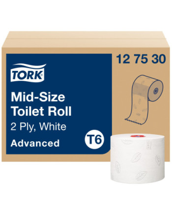 Tork Mid-size Rollo de Papel Higiénico Advanced T6, Blanco, 2 capas, 27 rollos, 127530