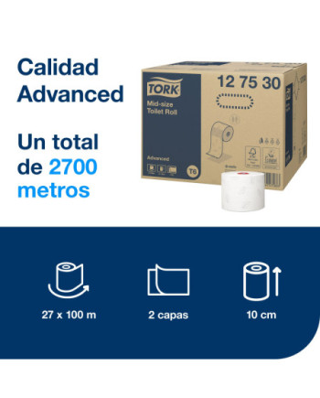 Tork Mid-size Rollo de Papel Higiénico Advanced T6, Blanco, 2 capas, 27 rollos, 127530