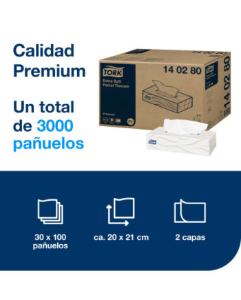 Tork Pañuelos Faciales Suaves Blancos F1, Premium, 2 capas, 30 x 100 hojas, 140280