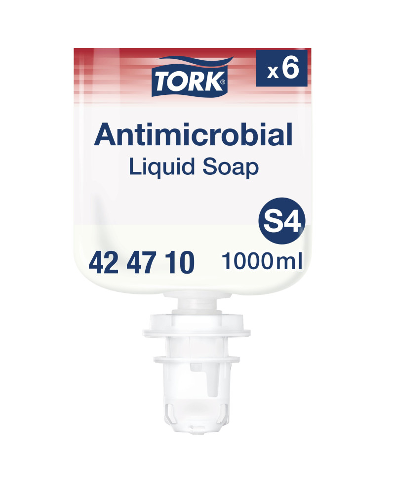Tork Jabón Líquido para Manos Antimicrobiano S4, Dermatológicamente probado, 6 × 1000 ml, 424710