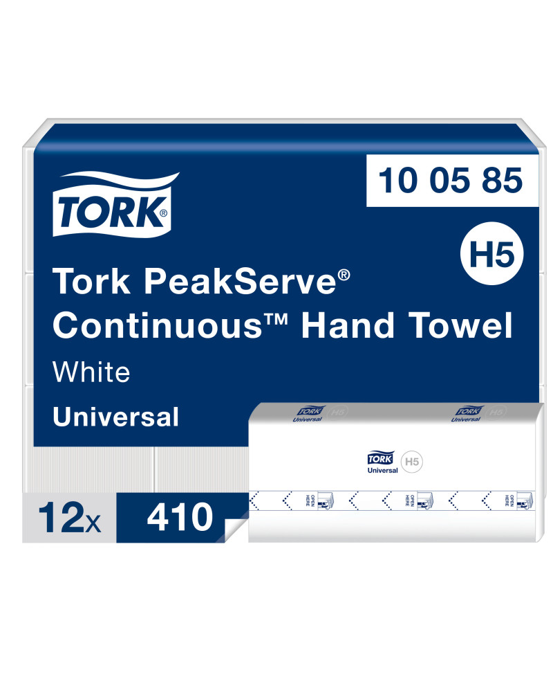 Tork PeakServe® Toallas de Mano de Papel en Continuo Blanco H5, Universal, Comprimidas, 12 × 410 hojas, 100585