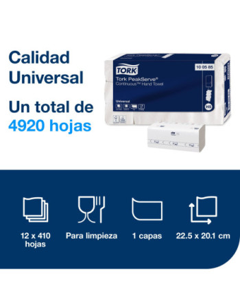 Tork PeakServe® Toallas de Mano de Papel en Continuo Blanco H5, Universal, Comprimidas, 12 × 410 hojas, 100585