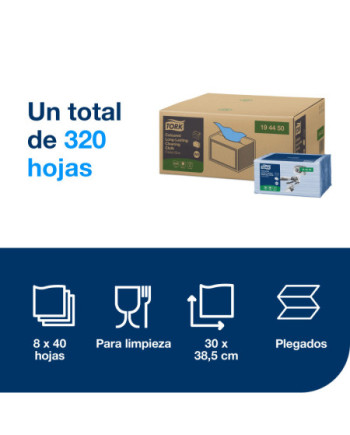 Tork Paño de Limpieza de Larga Duración Color Azul W8, Multiusos, 8 × 40 Paños, 194450