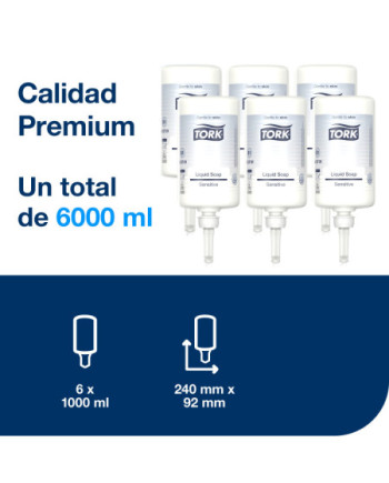 Tork Sensitive Jabón Líquido para Lavado de Manos S1, Dermatológicamente probado, 6 × 1000 ml, 420701