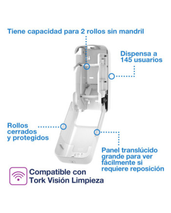 Tork OptiServe® Dispensador para dos Rollos de Papel Higiénico sin Mandril Blanco T7, Dispensador vertical, 558041