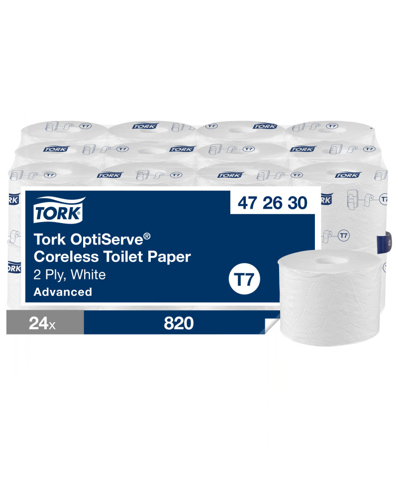 Tork OptiServe® Papel Higiénico sin Madril Blanco T7, Advanced, 2 capas, 24○×○820 hojas, 472630