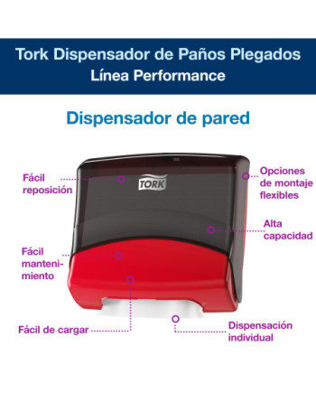 Tork Dispensador de Paños Plegados Rojo y Negro W4, Montaje en pared, Línea Performance, 654008