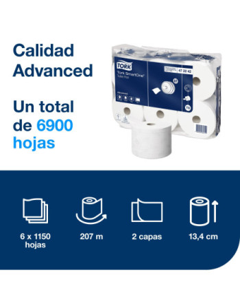Tork SmartOne® Papel Higiénico Blanco T8, Advanced, 2 capas, 6 × 1150 servicios, 472242