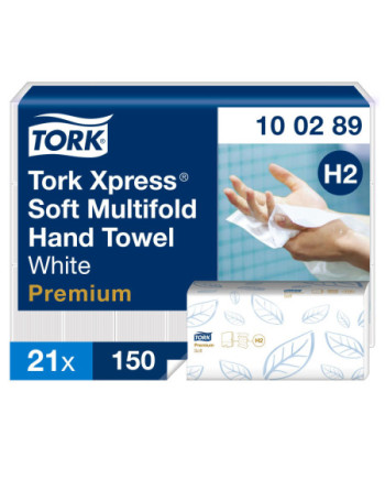 Tork Xpress® Toallas de Mano de Papel Entreplegadas Suaves Blancas H2, Premium, plegado en Z, 2 capas, 21 × 150 hojas, 100289