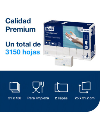 Tork Xpress® Toallas de Mano de Papel Entreplegadas Suaves Blancas H2, Premium, plegado en Z, 2 capas, 21 × 150 hojas, 100289