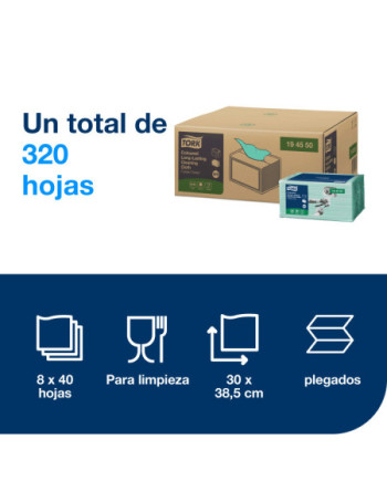 Tork Paño de Limpieza de Larga Duración Color Verde W8, Multiusos, 8 × 40 Paños, 194550