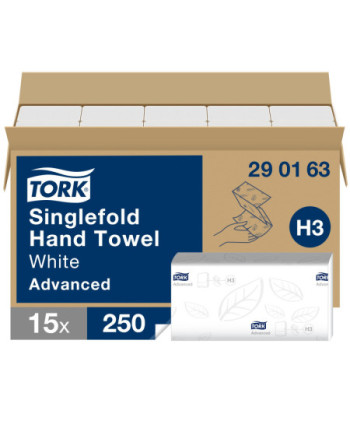 Tork Toalla de Mano de Papel Plegada en V Suave Blanco H3, 15 x 250 hojas, 290163
