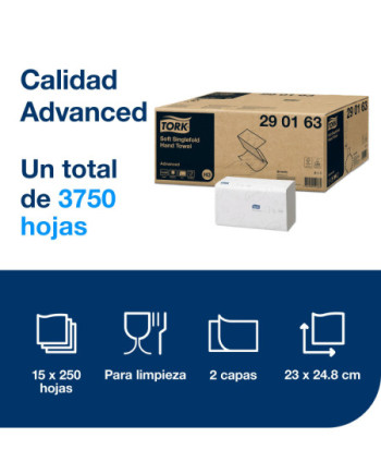 Tork Toalla de Mano de Papel Plegada en V Suave Blanco H3, 15 x 250 hojas, 290163