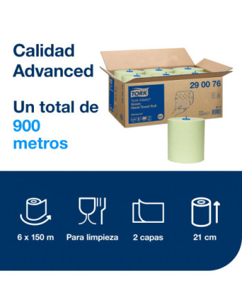 Tork Matic® Toalla de Mano de Papel Verde en Rollo Advanced H1, Advanced, 6 rollos × 150 m, 290076