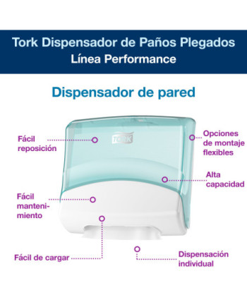 Tork Dispensador de Paños Plegados Blanco y Turquesa W4, Montaje en pared, Línea Performance, 654000