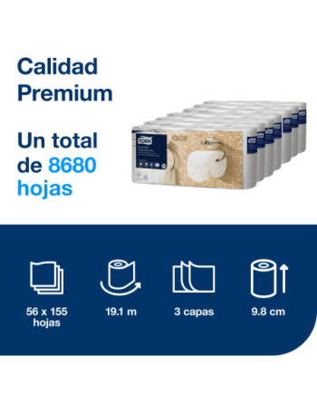 Tork Papel Higiénico Convencional Extrasuave Premium Blanco, 3 capas, 56 x 155 servicios, 110319
