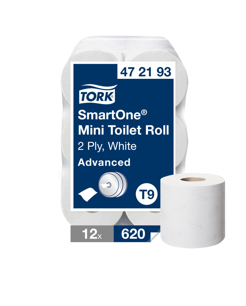 Tork SmartOne® Mini Papel Higiénico Blanco T9, Advanced, 2 capas, 12 × 620 servicios, 472193