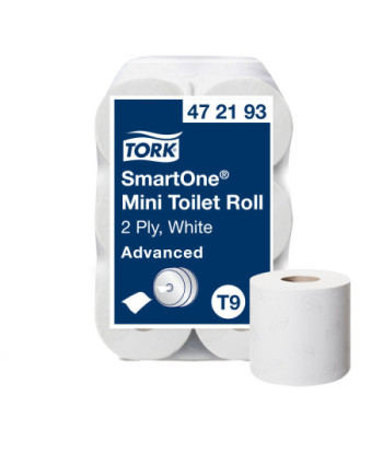 Tork SmartOne® Mini Papel Higiénico Blanco T9, Advanced, 2 capas, 12 × 620 servicios, 472193