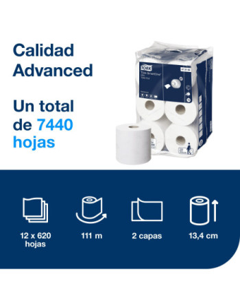 Tork SmartOne® Mini Papel Higiénico Blanco T9, Advanced, 2 capas, 12 × 620 servicios, 472193