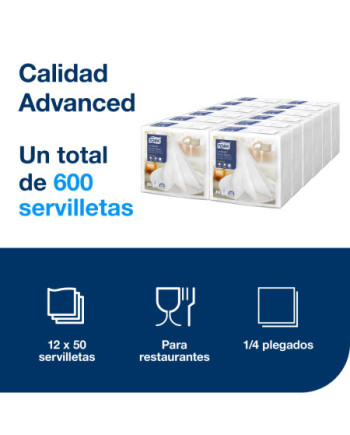 Tork LinStyle® Dinner Servilleta Premium Blanca, Plegado en 1/4, 12x50 Servilletas, 39 × 39 cm, 478711