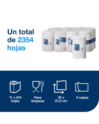 Tork Papel de Secado Extra Mini en Rollo Blanco M1, Alimentación Central, 11 rollos, 101221